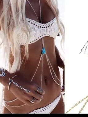Anthropologie White Crochet Bikini with Turquoise Pendant Body Chain